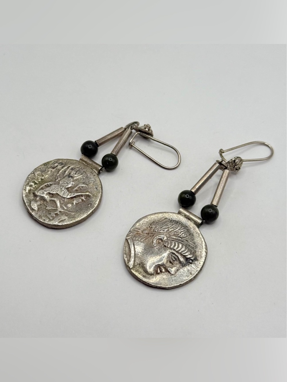 Sterling Silver Coin Drop Earrings with Black Beads Greek Athena - Picture 3 of 6